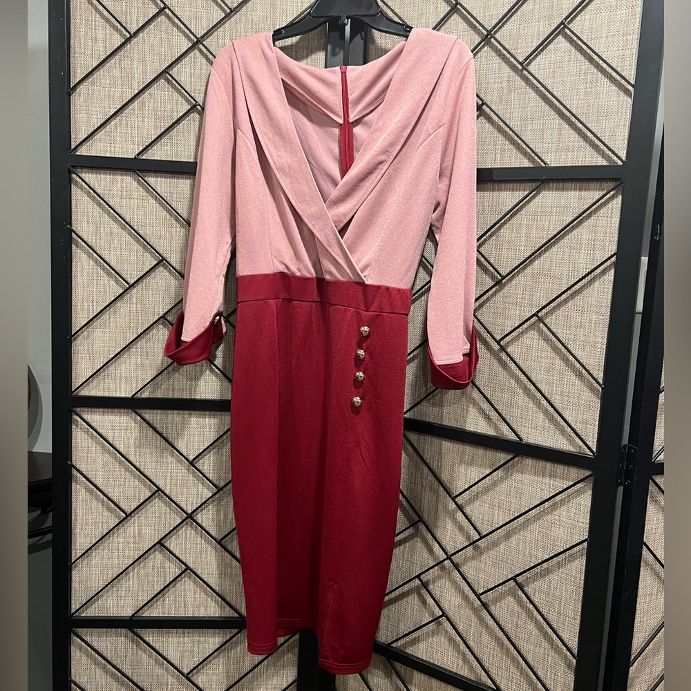 Chic Pink & Red V-Neck Color block Long Sleeve Dress Midi Dress - XXL